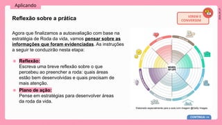 2024_AF_V1
Aplicando
Reflexão sobre a prática
Agora que finalizamos a autoavaliação com base na
estratégia de Roda da vida, vamos pensar sobre as
informações que foram evidenciadas. As instruções
a seguir te conduzirão nesta etapa:
● Reflexão:
Escreva uma breve reflexão sobre o que
percebeu ao preencher a roda: quais áreas
estão bem desenvolvidas e quais precisam de
mais atenção.
● Plano de ação:
Pense em estratégias para desenvolver áreas
da roda da vida.
VIREM E
CONVERSEM
Elaborado especialmente para a aula com imagem @Getty Images.
CONTINUA
 