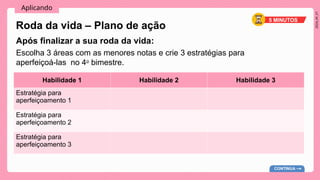 2024_AF_V1
Aplicando
Roda da vida – Plano de ação
Após finalizar a sua roda da vida:
Escolha 3 áreas com as menores notas e crie 3 estratégias para
aperfeiçoá-las no 4o
bimestre.
5 MINUTOS
Habilidade 1 Habilidade 2 Habilidade 3
Estratégia para
aperfeiçoamento 1
Estratégia para
aperfeiçoamento 2
Estratégia para
aperfeiçoamento 3
CONTINUA
 
