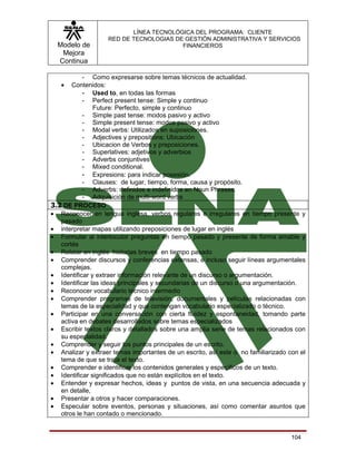 LÍNEA TECNOLÓGICA DEL PROGRAMA: CLIENTE
                   RED DE TECNOLOGIAS DE GESTIÓN ADMINISTRATIVA Y SERVICIOS
  Modelo de                             FINANCIEROS
   Mejora
  Continua

           - Como expresarse sobre temas técnicos de actualidad.
   •   Contenidos:
           - Used to, en todas las formas
           - Perfect present tense: Simple y continuo
               Future: Perfecto, simple y continuo
           - Simple past tense: modos pasivo y activo
           - Simple present tense: modos pasivo y activo
           - Modal verbs: Utilizados en suposiciones.
           - Adjectives y prepositions: Ubicación
           - Ubicacion de Verbos y preposiciones.
           - Superlatives: adjetivos y adverbios
           - Adverbs conjuntives
           - Mixed conditional.
           - Expresions: para indicar posesión.
           - Clauses: de lugar, tiempo, forma, causa y propósito.
           - Adverbs: definidos e indefinidos en Noun Phrases.
           - Adquisición de multi-word verbs
3.2 DE PROCESO
• Reconocer en lengua inglesa, verbos regulares e irregulares en tiempo presente y
   pasado
• interpretar mapas utilizando preposiciones de lugar en inglés
• Formular al interlocutor preguntas en tiempo pasado y presente de forma amable y
   cortés
• Relatar en inglés historias breves en tiempo pasado
• Comprender discursos y conferencias extensas, e incluso seguir líneas argumentales
   complejas.
• Identificar y extraer información relevante de un discurso o argumentación.
• Identificar las ideas principales y secundarias de un discurso o una argumentación.
• Reconocer vocabulario técnico intermedio
• Comprender programas de televisión, documentales y películas relacionadas con
   temas de la especialidad y que contengan vocabulario especializado o técnico.
• Participar en una conversación con cierta fluidez y espontaneidad, tomando parte
   activa en debates desarrollados sobre temas especializados
• Escribir textos claros y detallados sobre una amplia serie de temas relacionados con
   su especialidad.
• Comprender y seguir los puntos principales de un escrito.
• Analizar y extraer temas importantes de un escrito, así este o no familiarizado con el
   tema de que se trata el texto.
• Comprender e identificar los contenidos generales y específicos de un texto.
• Identificar significados que no están explícitos en el texto.
• Entender y expresar hechos, ideas y puntos de vista, en una secuencia adecuada y
   en detalle,
• Presentar a otros y hacer comparaciones.
• Especular sobre eventos, personas y situaciones, así como comentar asuntos que
   otros le han contado o mencionado.


                                                                                   104
 
