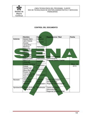 LÍNEA TECNOLÓGICA DEL PROGRAMA: CLIENTE
                 RED DE TECNOLOGIAS DE GESTIÓN ADMINISTRATIVA Y SERVICIOS
 Modelo de                            FINANCIEROS
  Mejora
 Continua




                         CONTROL DEL DOCUMENTO




           Nombre             Cargo          Dependencia / Red           Fecha
Autores    Daniel Otero       Instructor
           Jairo Gracia
                              Instructor
           Acosta
           Jacqueline
           Martínez           Instructora
           Camacho.
           Leonor Díaz        Instructora
           Ofelma
                              Instructora
           Avellaneda
           Luis Jaime         Instructor     Centro de Gestión
           Patricia Soto      Instructora    Administrativa
           Mary Luz                          Regional Distrito Capital
                              Instructora
           Cifuentes
           Ángela Cardona                                                 Mayo. de
                              Instructora                                  2010
           Duque
           Harold Iván
                              Instructor
           Mera Martínez
           Equipo de
           Instructores del
                              Instructores
           Área Talento
           Humano
Revisión   Juan José          Instructor Centro de Gestión
           Hernández          Asesor     Administrativa
           Márquez            Pedagógico Regional Distrito Capital

Aprobación Wayne Anthony      Subdirector Centro de Gestión
           Triana Álvis                   Administrativa
                                          Regional Distrito Capital




                                                                                 108
 