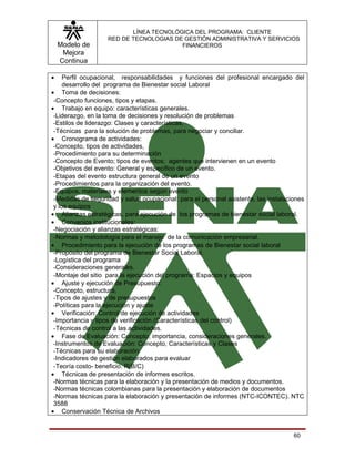 LÍNEA TECNOLÓGICA DEL PROGRAMA: CLIENTE
                   RED DE TECNOLOGIAS DE GESTIÓN ADMINISTRATIVA Y SERVICIOS
    Modelo de                           FINANCIEROS
     Mejora
    Continua

•    Perfil ocupacional, responsabilidades y funciones del profesional encargado del
     desarrollo del programa de Bienestar social Laboral
• Toma de decisiones:
 -Concepto funciones, tipos y etapas.
• Trabajo en equipo: características generales.
 -Liderazgo, en la toma de decisiones y resolución de problemas
 -Estilos de liderazgo: Clases y características.
 -Técnicas para la solución de problemas, para negociar y conciliar.
• Cronograma de actividades:
 -Concepto, tipos de actividades,
 -Procedimiento para su determinación
 -Concepto de Evento; tipos de eventos; agentes que intervienen en un evento
 -Objetivos del evento: General y específico de un evento.
 -Etapas del evento estructura general de un evento
 -Procedimientos para la organización del evento.
 -Equipos, materiales y elementos según evento
 -Medidas de seguridad y salud ocupacional: para el personal asistente, las instalaciones
 y los equipos
• Alianzas estratégicas, para ejecución de los programas de bienestar social laboral.
• Convenios institucionales:
 -Negociación y alianzas estratégicas:
 -Normas y metodología para el manejo de la comunicación empresarial.
• Procedimiento para la ejecución de los programas de Bienestar social laboral
 -Propósito del programa de Bienestar Social Laboral.
 -Logística del programa
 -Consideraciones generales.
 -Montaje del sitio para la ejecución del programa: Espacios y equipos
• Ajuste y ejecución de Presupuesto:
 -Concepto, estructura,
 -Tipos de ajustes y de presupuestos
 -Políticas para la ejecución y ajuste
• Verificación: Control de ejecución de actividades
 -Importancia y tipos de verificación.(Características del control)
 -Técnicas de control a las actividades.
• Fase de Evaluación: Concepto, importancia, consideraciones generales.
 -Instrumentos de Evaluación: Concepto, Características y Clases
 -Técnicas para su elaboración
 -Indicadores de gestión elaborados para evaluar
 -Teoría costo- beneficio. R(B/C)
• Técnicas de presentación de informes escritos.
 -Normas técnicas para la elaboración y la presentación de medios y documentos.
 -Normas técnicas colombianas para la presentación y elaboración de documentos
 -Normas técnicas para la elaboración y presentación de informes (NTC-ICONTEC). NTC
 3588
• Conservación Técnica de Archivos


                                                                                     60
 