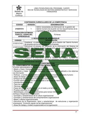 LÍNEA TECNOLÓGICA DEL PROGRAMA: CLIENTE
                   RED DE TECNOLOGIAS DE GESTIÓN ADMINISTRATIVA Y SERVICIOS
  Modelo de                             FINANCIEROS
   Mejora
  Continua


              CONTENIDOS CURRICULARES DE LA COMPETENCIA
   CODIGO         VERSION                         DENOMINACION
                              Definir necesidades de información de la gestión del
  210201014            1      talento humano de acuerdo con los requerimientos de la
                              organización y de las partes interesadas
   DURACIÓN ESTIMADA
   PARA EL LOGRO DEL                                     70 Horas
        APRENDIZAJE
                           2. RESULTADOS DE APRENDIZAJE
  CODIGO                                     DENOMINACIÓN
                Establecer el sistema de Información de la Gestión del Talento Humano
21020101401
                de acuerdo con la normatividad de la Empresa
                Estructurar el proceso de validación de la información del Sistema de
21020101402
                Gestión del Talento Humano de acuerdo con la normatividad vigente y
                las políticas organizacionales.
                Gestionar el proceso de validación de la información del Sistema de
21020101403
                Gestión del Talento Humano de acuerdo con procedimientos y
                normatividad.
                Presentar la información sobre la Gestión del Talento Humano de
21020101404 acuerdo a metodologías y técnicas adoptadas por la Organización, que
                permita tomar decisiones.
                                     3. CONOCIMIENTOS
3.1 CONOCIMIENTOS DE CONCEPTOS Y PRINCIPIOS
•Función administrativa de Planeación y Control.
-Misión y Visión: Concepto y criterios para su formulación.
-Planeación y mapa Estratégico: Concepto, diagnóstico DOFA, aplicado a los sistemas
de información
-Políticas y normas legales sobre el manejo de la información del talento humano
-Áreas de trabajo y Niveles ocupacionales de la organización
-Enfoque de sistemas para el manejo de la información
-Función administrativa de control aplicado a las bases de datos.
-Características de control.
-Tipos de control.
-Técnicas de control.
-Fases del control de información, en el medio y en la fuente.
-Pruebas selectivas de información
-Metodologías, procesos, procedimientos para revisar información
•Enfoque integral de la organización.
-Concepto y características de la cultura organizacional
-Concepto y características del comportamiento organizacional
-Metas y valores organizacionales
-Estructura de la Organización: tipos y características de estructuras y organización
empresarial. “Conducto regular de las organizaciones”
-Áreas De trabajo y niveles ocupacionales en la organización



                                                                                 77
 