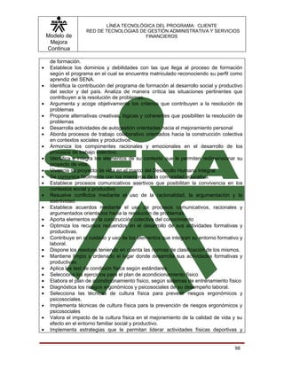 LÍNEA TECNOLÓGICA DEL PROGRAMA: CLIENTE
                     RED DE TECNOLOGIAS DE GESTIÓN ADMINISTRATIVA Y SERVICIOS
    Modelo de                             FINANCIEROS
     Mejora
    Continua

     de formación.
•    Establece los dominios y debilidades con las que llega al proceso de formación
     según el programa en el cual se encuentra matriculado reconociendo su perfil como
     aprendiz del SENA.
•    Identifica la contribución del programa de formación al desarrollo social y productivo
     del sector y del país. Analiza de manera crítica las situaciones pertinentes que
     contribuyen a la resolución de problemas.
•    Argumenta y acoge objetivamente los criterios que contribuyen a la resolución de
     problemas
•    Propone alternativas creativas, lógicas y coherentes que posibiliten la resolución de
     problemas
•    Desarrolla actividades de autogestión orientadas hacia el mejoramiento personal
•    Aborda procesos de trabajo colaborativo orientados hacia la construcción colectiva
     en contextos sociales y productivos.
•    Armoniza los componentes racionales y emocionales en el desarrollo de los
     procesos de trabajo colectivo.
•    Identifica e integra los elementos de su contexto que le permiten redimensionar su
     proyecto de vida.
•    Vivencia su proyecto de vida en el marco del Desarrollo Humano Integral
•    Se comunica fácilmente con los miembros de la comunidad educativa.
•    Establece procesos comunicativos asertivos que posibilitan la convivencia en los
     contextos social y productivo
•    Resuelve conflictos mediante el uso de la racionalidad, la argumentación y la
     asertividad.
•    Establece acuerdos mediante el uso de procesos comunicativos, racionales y
     argumentados orientados hacia la resolución de problemas.
•    Aporta elementos en la construcción colectiva del conocimiento
•    Optimiza los recursos requeridos en el desarrollo de sus actividades formativas y
     productivas.
•    Contribuye en el cuidado y uso de los elementos que integran su entorno formativo y
     laboral.
•    Dispone los residuos teniendo en cuenta las normas de clasificación de los mismos.
•    Mantiene limpio y ordenado el lugar donde desarrolla sus actividades formativas y
     productivas.
•    Aplica los test de condición física según estándares.
•    Selecciona los ejercicios para el plan de acondicionamiento físico
•    Elabora el plan de acondicionamiento físico, según sistemas de entrenamiento físico
•    Diagnóstica los riesgos ergonómicos y psicosociales de su desempeño laboral.
•    Selecciona las técnicas de cultura física para prevenir riesgos ergonómicos y
     psicosociales.
•    Implementa técnicas de cultura física para la prevención de riesgos ergonómicos y
     psicosociales
•    Valora el impacto de la cultura física en el mejoramiento de la calidad de vida y su
     efecto en el entorno familiar social y productivo.
•    Implementa estrategias que le permitan liderar actividades físicas deportivas y


                                                                                       98
 