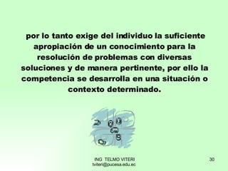 por lo tanto exige del individuo la suficiente apropiación de un conocimiento para la resolución de problemas con diversas soluciones y de manera pertinente, por ello la competencia se desarrolla en una situación o contexto determinado. 