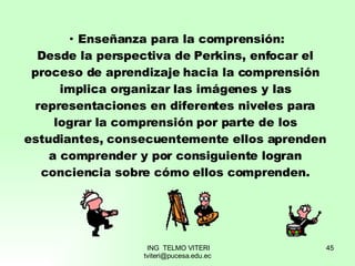 ·  Enseñanza para la comprensión: Desde la perspectiva de Perkins, enfocar el proceso de aprendizaje hacia la comprensión implica organizar las imágenes y las representaciones en diferentes niveles para lograr la comprensión por parte de los estudiantes, consecuentemente ellos aprenden a comprender y por consiguiente logran conciencia sobre cómo ellos comprenden. 