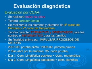 Evaluación por CCAAEvaluación por CCAA::
• Se realizaráSe realizará todos los añostodos los años
• TendráTendrá carácter censalcarácter censal
• Se realizará a los alumnos y alumnas deSe realizará a los alumnos y alumnas de 4º curso de4º curso de
Primaria y 2º curso de SecundariaPrimaria y 2º curso de Secundaria..
• Tendrá carácterTendrá carácter FORMATIVO y ORIENTADORFORMATIVO y ORIENTADOR para lospara los
centros ecentros e INFORMATIVOINFORMATIVO para las familiaspara las familias
• Su finalidad última es:Su finalidad última es: IMPULSAR PROCESOS DEIMPULSAR PROCESOS DE
MEJORAMEJORA
• 2007-08: prueba piloto / 2008-09: primera prueba2007-08: prueba piloto / 2008-09: primera prueba
• 2 días abril por la mañana, 35´ cada prueba,2 días abril por la mañana, 35´ cada prueba,
• Día 1: Com. Lingüística euskera +Día 1: Com. Lingüística euskera + com.com. matemáticamatemática
• Día 2: Com. Lingüística castellano + com. científicaDía 2: Com. Lingüística castellano + com. científica
Evaluación diagnóstica
 