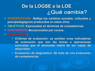 De la LOGSE a la LOEDe la LOGSE a la LOE
 INTRODUCCIÓNINTRODUCCIÓN: Refleja los cambios sociales, culturales y: Refleja los cambios sociales, culturales y
psicopedagógicos producidos en estos años.psicopedagógicos producidos en estos años.
 OBJETIVOSOBJETIVOS:: Expresados en términos de competencias.Expresados en términos de competencias.
 CONTENIDOSCONTENIDOS: Secuenciados por cursos.: Secuenciados por cursos.
 EVALUACIÓNEVALUACIÓN::
• Criterios de evaluación: se señalan unos indicadoresCriterios de evaluación: se señalan unos indicadores
de evaluación que son las tareas u operacionesde evaluación que son las tareas u operaciones
concretas que el alumnado habrá de ser capaz deconcretas que el alumnado habrá de ser capaz de
desarrollar.desarrollar.
• Evaluación de diagnóstico: Se trata de una evaluaciónEvaluación de diagnóstico: Se trata de una evaluación
de competencias.de competencias.
 