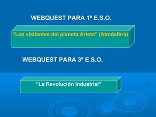 WEBQUEST PARA 1º E.S.O.
-“Arteta planetako bisitariak”
(Atmosfera)
WEBQUEST PARA 3º E.S.O.
“La Revolución Industrial”
“Los visitantes del planeta Arteta” (Atmósfera)
 