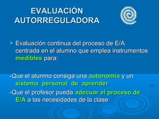 EVALUACIÓNEVALUACIÓN
AUTORREGULADORAAUTORREGULADORA
 Evaluación continua del proceso de E/AEvaluación continua del proceso de E/A
centrada en el alumno que emplea instrumentoscentrada en el alumno que emplea instrumentos
mediblesmedibles para:para:
-Que el alumno consiga una-Que el alumno consiga una autonomíaautonomía y uny un
sistema personal de aprendersistema personal de aprender
-Que el profesor pueda-Que el profesor pueda adecuar el proceso deadecuar el proceso de
E/AE/A a las necesidades de la clasea las necesidades de la clase
 