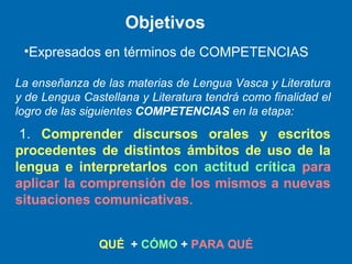 La enseñanza de las materias de Lengua Vasca y Literatura
y de Lengua Castellana y Literatura tendrá como finalidad el
logro de las siguientes COMPETENCIAS en la etapa:
1. Comprender discursos orales y escritos
procedentes de distintos ámbitos de uso de la
lengua e interpretarlos con actitud crítica para
aplicar la comprensión de los mismos a nuevas
situaciones comunicativas.
Objetivos
QUÉ + CÓMO + PARA QUÉ
•Expresados en términos de COMPETENCIAS
 