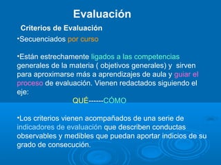 Evaluación
•Secuenciados por curso
•Están estrechamente ligados a las competencias
generales de la materia ( objetivos generales) y sirven
para aproximarse más a aprendizajes de aula y guiar el
proceso de evaluación. Vienen redactados siguiendo el
eje:
QUÉ------CÓMO
•Los criterios vienen acompañados de una serie de
indicadores de evaluación que describen conductas
observables y medibles que puedan aportar indicios de su
grado de consecución.
Criterios de Evaluación
 