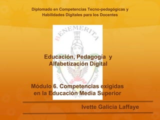 Diplomado en Competencias Tecno-pedagógicas y
     Habilidades Digitales para los Docentes




     Educación, Pedagogía y
      Alfabetización Digital


Módulo 6. Competencias exigidas
 en la Educación Media Superior

                       Ivette Galicia Laffaye
 