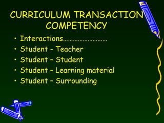 CURRICULUM TRANSACTION COMPETENCY Interactions……………………… Student - Teacher Student – Student Student – Learning material Student – Surrounding  