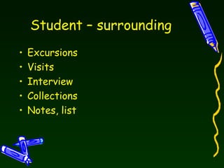 Student – surrounding Excursions Visits Interview Collections Notes, list  