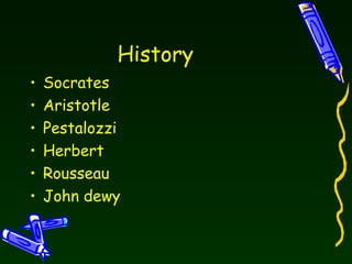 History  Socrates Aristotle Pestalozzi Herbert Rousseau John dewy  