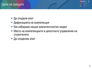 Цели на срещата Да споделя опит Дефиницията на компетенция Как избираме нашия компетентностен модел Място на компетенциите в цялостното управление на служителите Да споделим опит 
