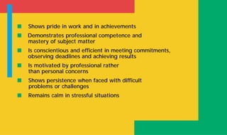 s Shows pride in work and in achievements
s Demonstrates professional competence and
mastery of subject matter
s Is conscientious and efficient in meeting commitments,
observing deadlines and achieving results
s Is motivated by professional rather
than personal concerns
s Shows persistence when faced with difficult
problems or challenges
s Remains calm in stressful situations
 