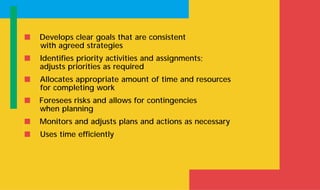 s Develops clear goals that are consistent
with agreed strategies
s Identifies priority activities and assignments;
adjusts priorities as required
s Allocates appropriate amount of time and resources
for completing work
s Foresees risks and allows for contingencies
when planning
s Monitors and adjusts plans and actions as necessary
s Uses time efficiently
 
