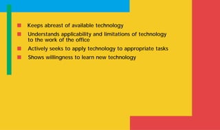 s Keeps abreast of available technology
s Understands applicability and limitations of technology
to the work of the office
s Actively seeks to apply technology to appropriate tasks
s Shows willingness to learn new technology
 