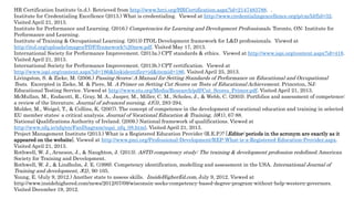 HR Certification Institute (n.d.). Retrieved from http://www.hrci.org/HRCertification.aspx?id=2147483788. .
Institute for Credentialing Excellence (2013.) What is credentialing. Viewed at http://www.credentialingexcellence.org/p/cm/ld/fid=32.
Visited April 21, 2013.
Institute for Performance and Learning. (2016.) Competencies for Learning and Development Professionals. Toronto, ON: Institute for
Performance and Learning.
Institute of Training & Occupational Learning. (2013) ITOL Development framework for L&D professionals. Viewed at
http://itol.org/uploads/images/PDF/framework%20new.pdf. Visited May 17, 2013.
International Society for Performance Improvement. (2013a.) CPT standards & ethics. Viewed at http://www.ispi.org/content.aspx?id=418.
Visited April 21, 2013.
International Society for Performance Improvement. (2013b.) CPT certification. Viewed at
http://www.ispi.org/content.aspx?id=186&linkidentifier=id&itemid=186. Visited April 25, 2013.
Livingston, S. & Zieke, M. (2006.) Passing Scores: A Manual for Setting Standards of Performance on Educational and Occupational
Tests. Excerpted in Zieke, M. & Piere, M. A Primer on Setting Cut Scores on Tests of Educational Achievement. Princeton, NJ:
Educational Testing Service. Viewed at http://www.ets.org/Media/Research/pdf/Cut_Scores_Primer.pdf. Visited April 21, 2013.
McMullan, M., Endacott, R., Gray, M. A., Jasper, M., Miller, C. M., Scholes, J., & Webb, C. (2003). Portfolios and assessment of competence:
a review of the literature. Journal of advanced nursing, 41(3), 283-294.
Mulder, M., Weigel, T., & Collins, K. (2007). The concept of competence in the development of vocational education and training in selected
EU member states: a critical analysis. Journal of Vocational Education & Training, 59(1), 67-88.
National Qualifications Authority of Ireland. (2009.) National framework of qualifications. Viewed at
http://www.nfq.ie/nfq/en/FanDiagram/nqai_nfq_08.html. Visited April 21, 2013.
Project Management Institute (2013.) What is a Registered Education Provider (R.E.P.)? [Editor: periods in the acronym are exactly as it
appeared on the website]. Viewed at http://www.pmi.org/Professional-Development/REP-What-is-a-Registered-Education-Provider.aspx.
Visited April 21, 2013.
Rothwell, W. J., Arneson, J., & Naughton, J. (2013). ASTD competency study: The training & development profession redefined. American
Society for Training and Development.
Rothwell, W. J., & Lindholm, J. E. (1999). Competency identification, modelling and assessment in the USA. International Journal of
Training and development, 3(2), 90-105.
Young, E. (July 9, 2012.) Another state to assess skills. InsideHigherEd.com, July 9, 2012. Viewed at
http://www.insidehighered.com/news/2012/07/09/wisconsin-seeks-competency-based-degree-program-without-help-western-governors.
Visited December 19, 2012.
 