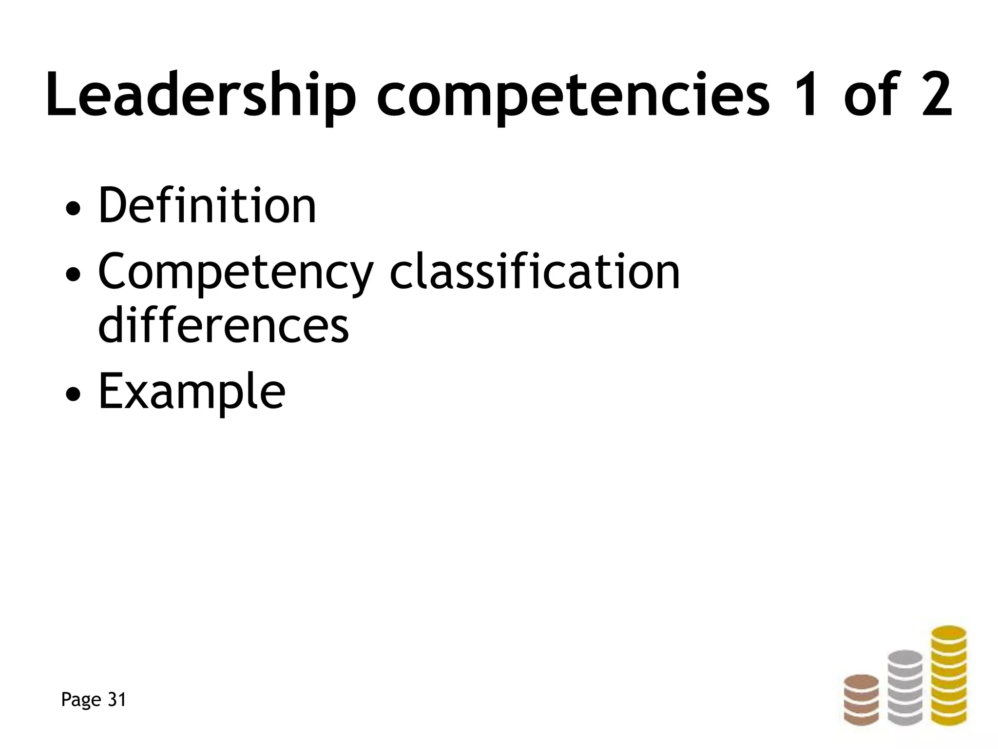 Leadership competencies 1 of 2
• Definition
• Competency classification
differences
• Example
Page 31
 