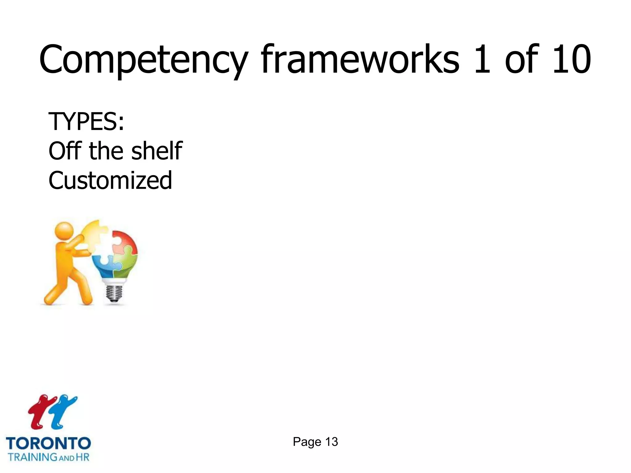 Competency frameworks 1 of 10
TYPES:
Off the shelf
Customized




                Page 13
 