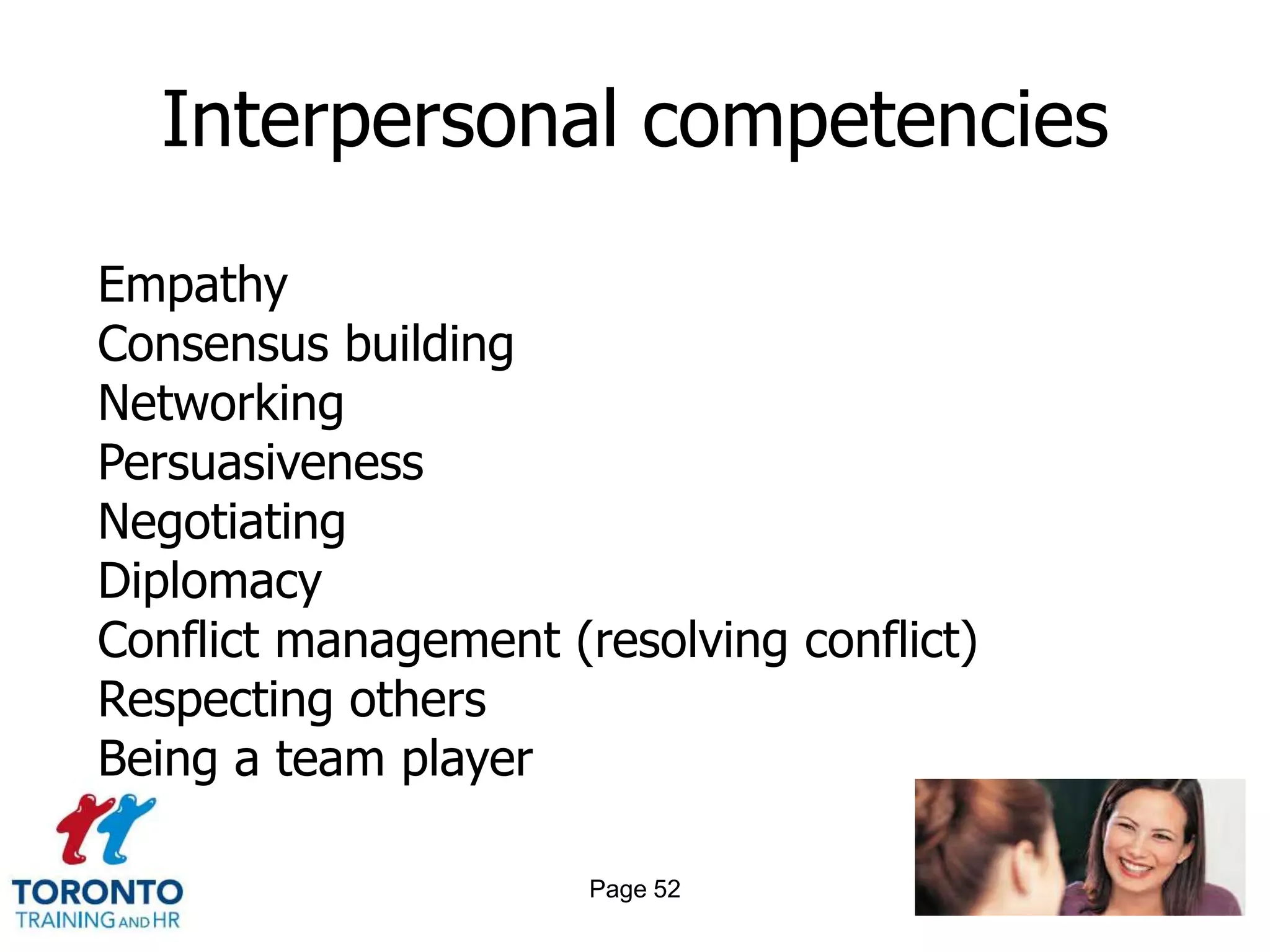 Interpersonal competencies

Empathy
Consensus building
Networking
Persuasiveness
Negotiating
Diplomacy
Conflict management (resolving conflict)
Respecting others
Being a team player

                      Page 52
 