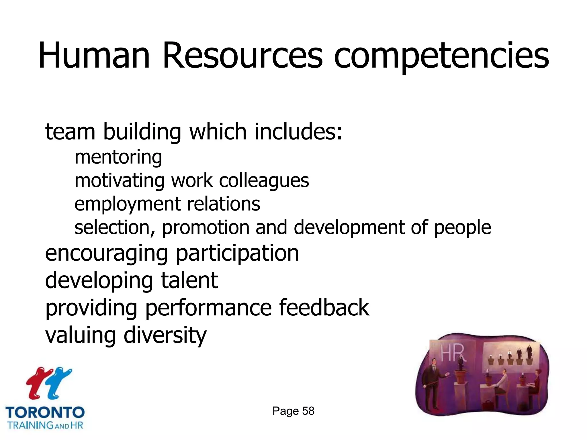 Human Resources competencies

team building which includes:
  mentoring
  motivating work colleagues
  employment relations
  selection, promotion and development of people
encouraging participation
developing talent
providing performance feedback
valuing diversity


                       Page 58
 
