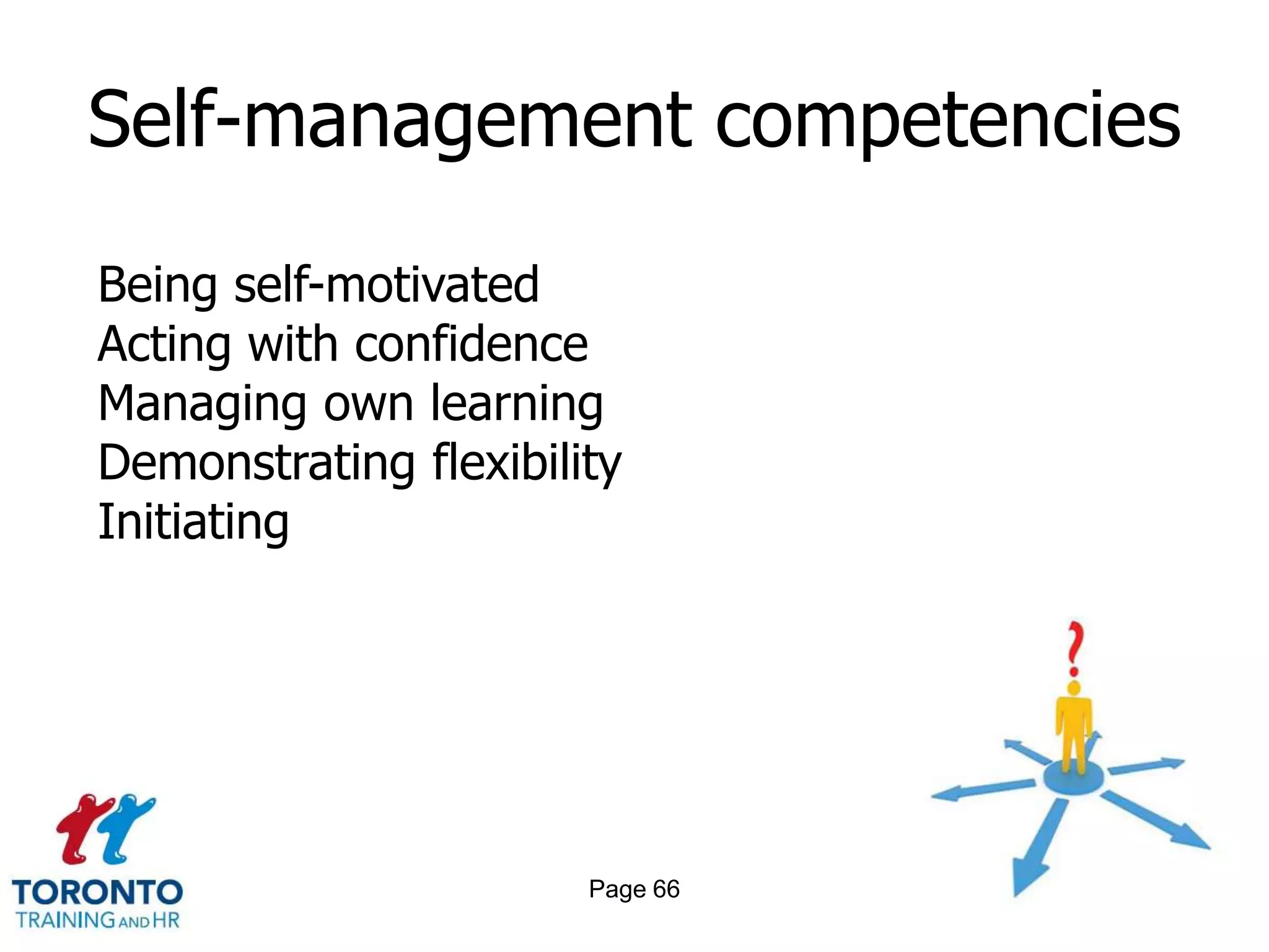 Self-management competencies

Being self-motivated
Acting with confidence
Managing own learning
Demonstrating flexibility
Initiating




                       Page 66
 