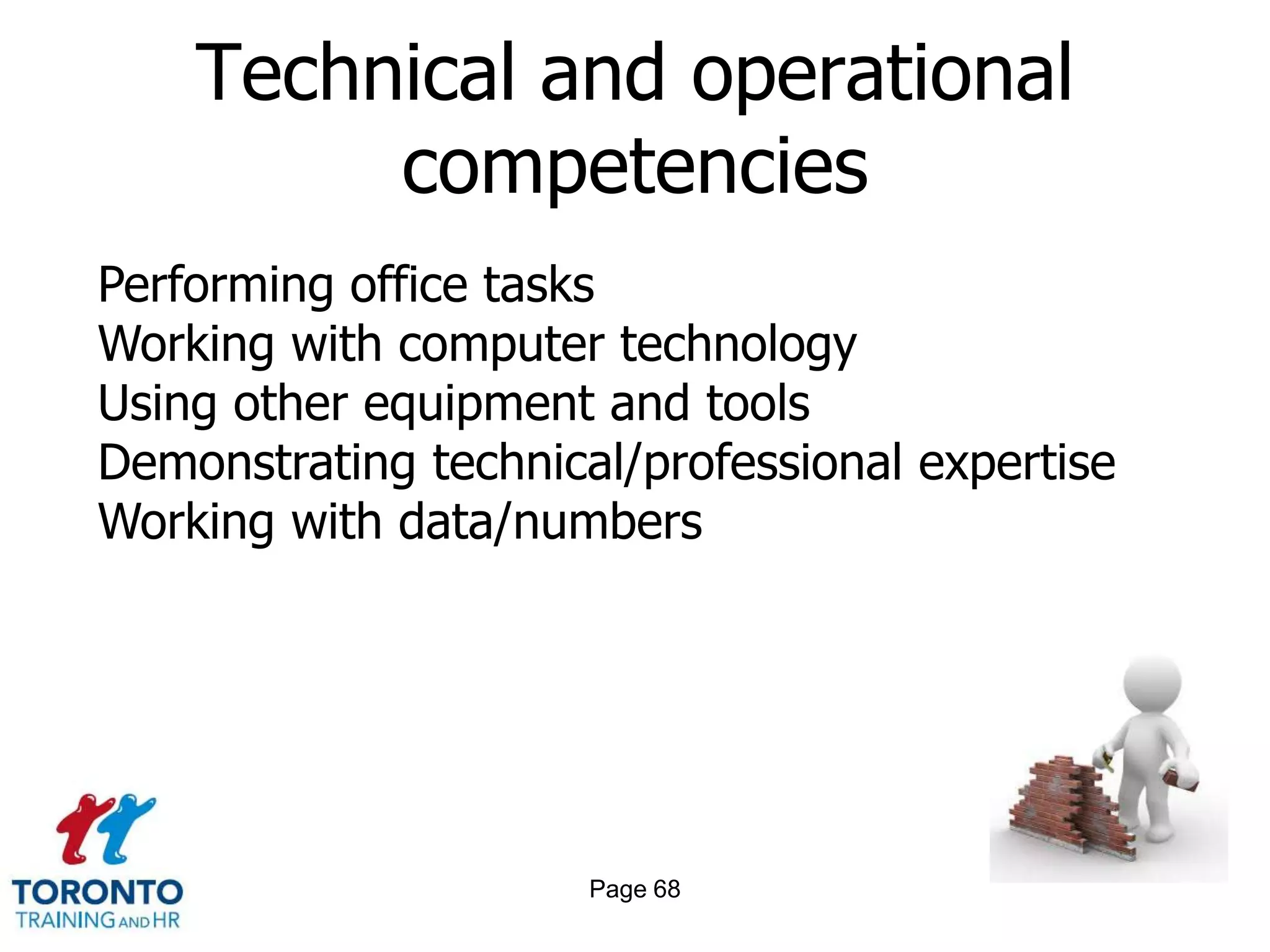 Technical and operational
         competencies
Performing office tasks
Working with computer technology
Using other equipment and tools
Demonstrating technical/professional expertise
Working with data/numbers




                      Page 68
 
