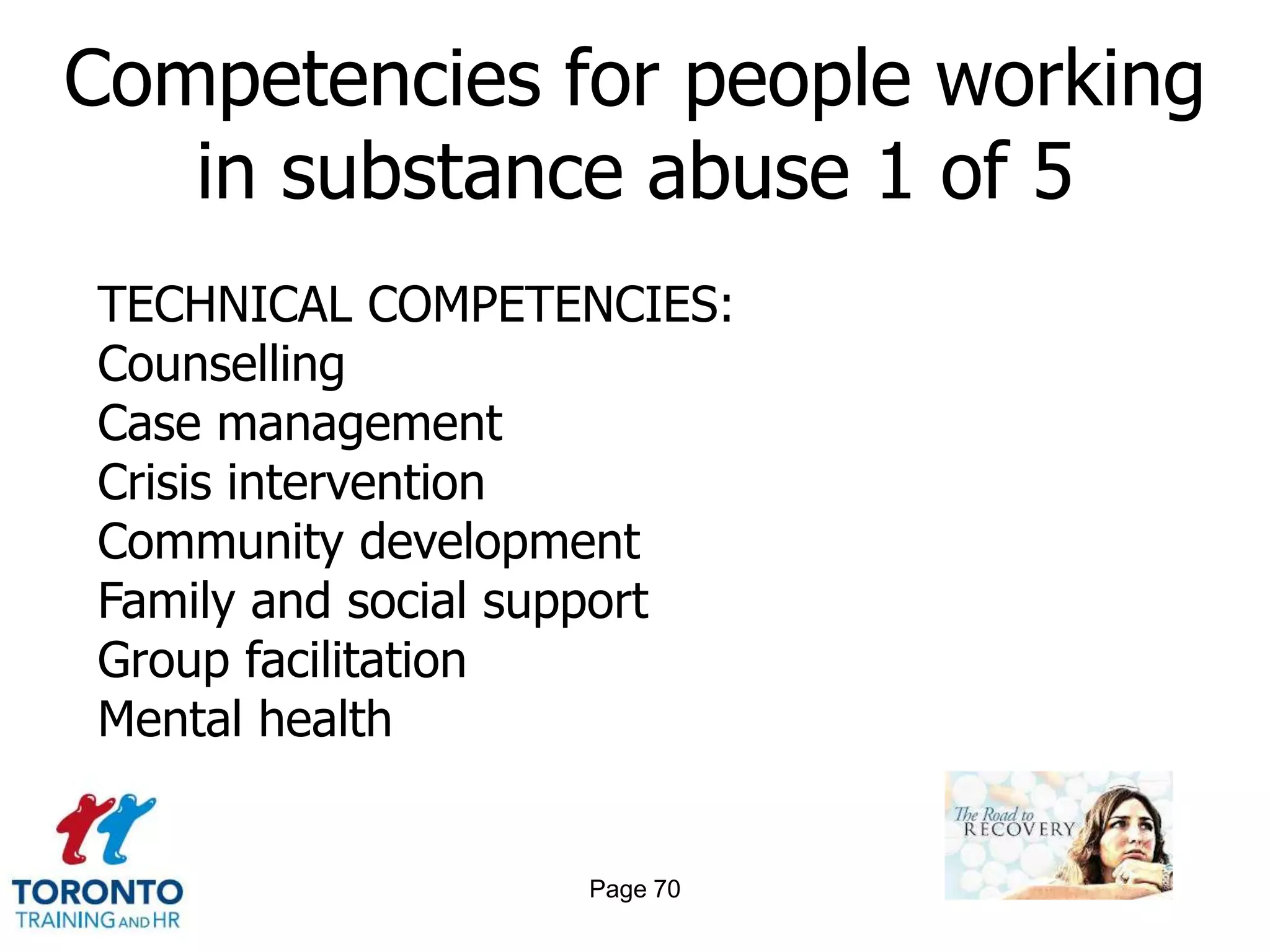 Competencies for people working
   in substance abuse 1 of 5
TECHNICAL COMPETENCIES:
Counselling
Case management
Crisis intervention
Community development
Family and social support
Group facilitation
Mental health


                   Page 70
 
