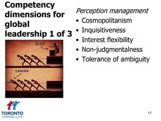 Perception management 
• Cosmopolitanism 
• Inquisitiveness 
• Interest flexibility 
• Non-judgmentalness 
• Tolerance of ambiguity 
17 
Competency 
dimensions for 
global 
leadership 1 of 3 
 