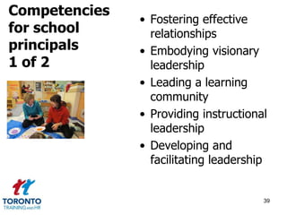 • Fostering effective 
relationships 
• Embodying visionary 
leadership 
• Leading a learning 
community 
• Providing instructional 
leadership 
• Developing and 
facilitating leadership 
39 
Competencies 
for school 
principals 
1 of 2 
 