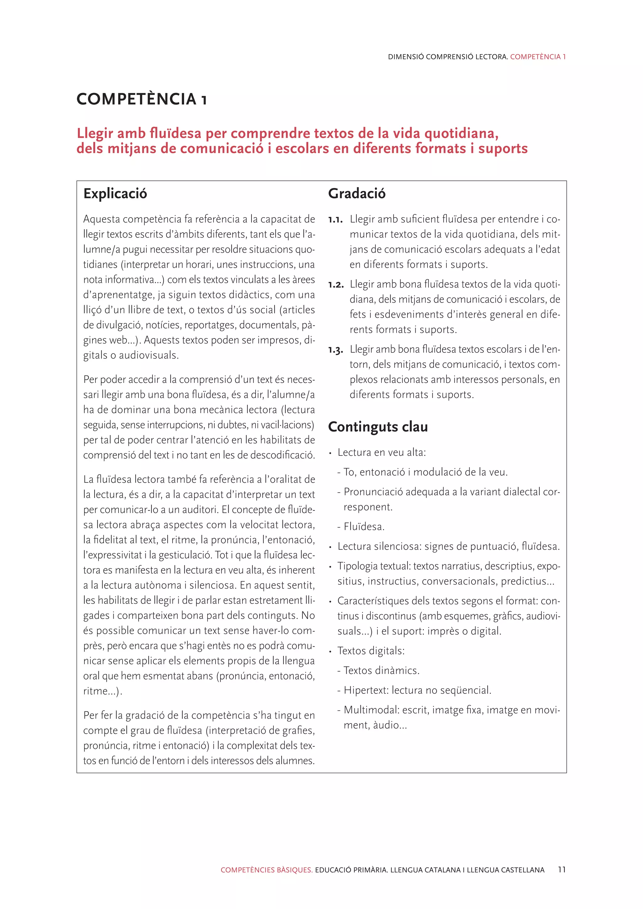 DIMENSIÓ COMPRENSIÓ LECTORA. COMPETÈNCIA 1




COMPETÈNCIA 1
Llegir amb fluïdesa per comprendre textos de la vida quotidiana,
dels mitjans de comunicació i escolars en diferents formats i suports

 Explicació                                                      Gradació
 Aquesta competència fa referència a la capacitat de             1.1.	 Llegir amb suficient fluïdesa per entendre i co-
 llegir textos escrits d’àmbits diferents, tant els que l’a-           municar textos de la vida quotidiana, dels mit-
 lumne/a pugui necessitar per resoldre situacions quo-                 jans de comunicació escolars adequats a l’edat
 tidianes (interpretar un horari, unes instruccions, una               en diferents formats i suports.
 nota informativa...) com els textos vinculats a les àrees       1.2.	 Llegir amb bona fluïdesa textos de la vida quoti-
 d’aprenentatge, ja siguin textos didàctics, com una                   diana, dels mitjans de comunicació i escolars, de
 lliçó d’un llibre de text, o textos d’ús social (articles             fets i esdeveniments d’interès general en dife-
 de divulgació, notícies, reportatges, documentals, pà-                rents formats i suports.
 gines web...). Aquests textos poden ser impresos, di-
                                                                 1.3.	 Llegir amb bona fluïdesa textos escolars i de l’en-
 gitals o audiovisuals.
                                                                       torn, dels mitjans de comunicació, i textos com-
 Per poder accedir a la comprensió d’un text és neces-                 plexos relacionats amb interessos personals, en
 sari llegir amb una bona fluïdesa, és a dir, l’alumne/a               diferents formats i suports.
 ha de dominar una bona mecànica lectora (lectura
 seguida, sense interrupcions, ni dubtes, ni vacil·lacions)      Continguts clau
 per tal de poder centrar l’atenció en les habilitats de
 comprensió del text i no tant en les de descodificació.         •	 Lectura en veu alta:
                                                                   −− To, entonació i modulació de la veu.
 La fluïdesa lectora també fa referència a l’oralitat de
 la lectura, és a dir, a la capacitat d’interpretar un text        −− Pronunciació adequada a la variant dialectal cor-
 per comunicar-lo a un auditori. El concepte de fluïde-               responent.
 sa lectora abraça aspectes com la velocitat lectora,              −− Fluïdesa.
 la fidelitat al text, el ritme, la pronúncia, l’entonació,
                                                                 •	 Lectura silenciosa: signes de puntuació, fluïdesa.
 l’expressivitat i la gesticulació. Tot i que la fluïdesa lec-
 tora es manifesta en la lectura en veu alta, és inherent        •	 Tipologia textual: textos narratius, descriptius, expo-
 a la lectura autònoma i silenciosa. En aquest sentit,              sitius, instructius, conversacionals, predictius...
 les habilitats de llegir i de parlar estan estretament lli-     •	 Característiques dels textos segons el format: con-
 gades i comparteixen bona part dels continguts. No                 tinus i discontinus (amb esquemes, gràfics, audiovi-
 és possible comunicar un text sense haver-lo com-                  suals...) i el suport: imprès o digital.
 près, però encara que s’hagi entès no es podrà comu-            •	 Textos digitals:
 nicar sense aplicar els elements propis de la llengua
 oral que hem esmentat abans (pronúncia, entonació,                −− Textos dinàmics.
 ritme...).                                                        −− Hipertext: lectura no seqüencial.

 Per fer la gradació de la competència s’ha tingut en              −− Multimodal: escrit, imatge fixa, imatge en movi-
 compte el grau de fluïdesa (interpretació de grafies,                ment, àudio...
 pronúncia, ritme i entonació) i la complexitat dels tex-
 tos en funció de l’entorn i dels interessos dels alumnes.




                                     COMPETÈNCIES BÀSIQUES. EDUCACIÓ PRIMÀRIA. LLENGUA CATALANA I LLENGUA CASTELLANA      11
 