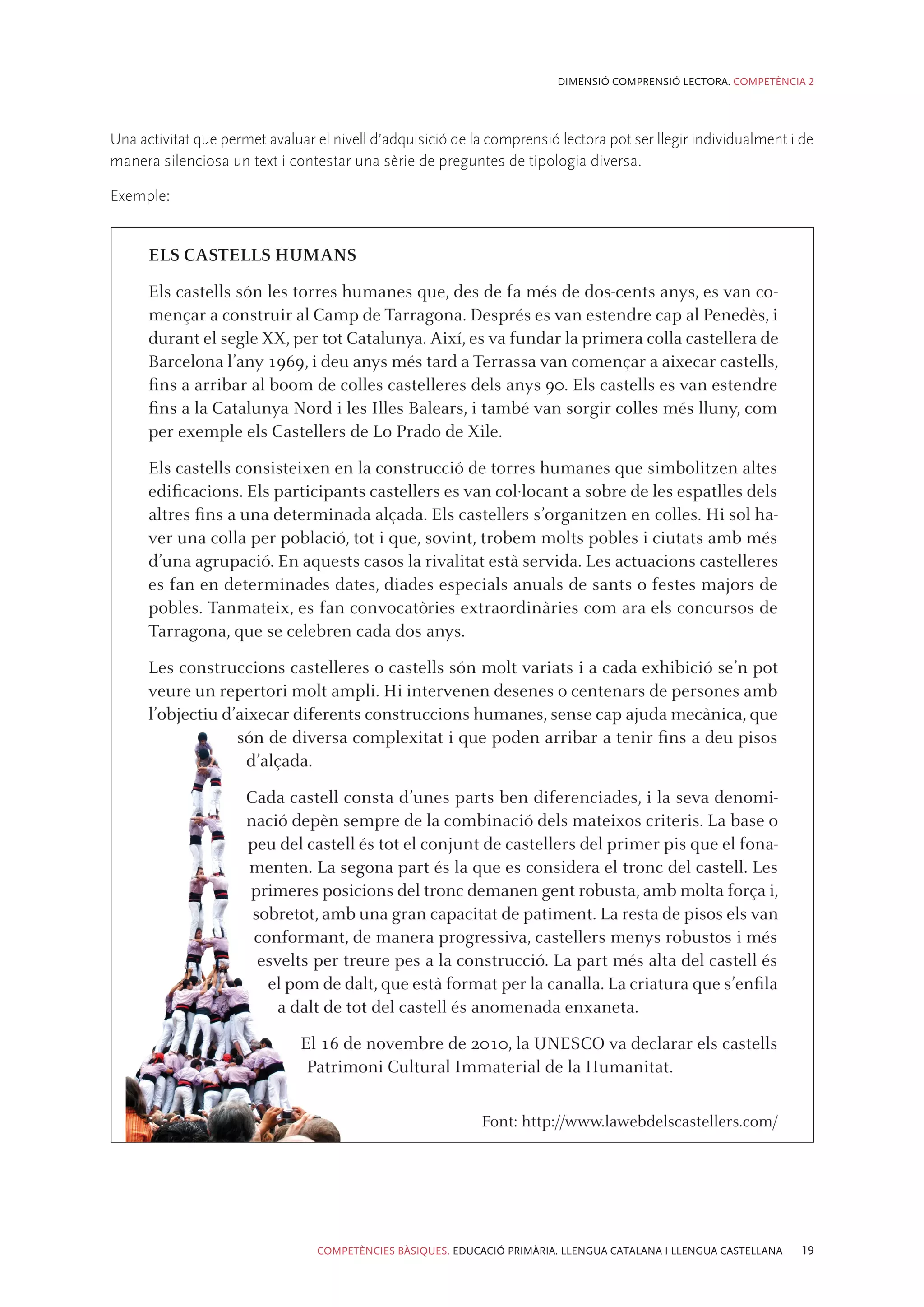 DIMENSIÓ COMPRENSIÓ LECTORA. COMPETÈNCIA 2




Una activitat que permet avaluar el nivell d’adquisició de la comprensió lectora pot ser llegir individualment i de
manera silenciosa un text i contestar una sèrie de preguntes de tipologia diversa.

Exemple:




                                 COMPETÈNCIES BÀSIQUES. EDUCACIÓ PRIMÀRIA. LLENGUA CATALANA I LLENGUA CASTELLANA   19
 