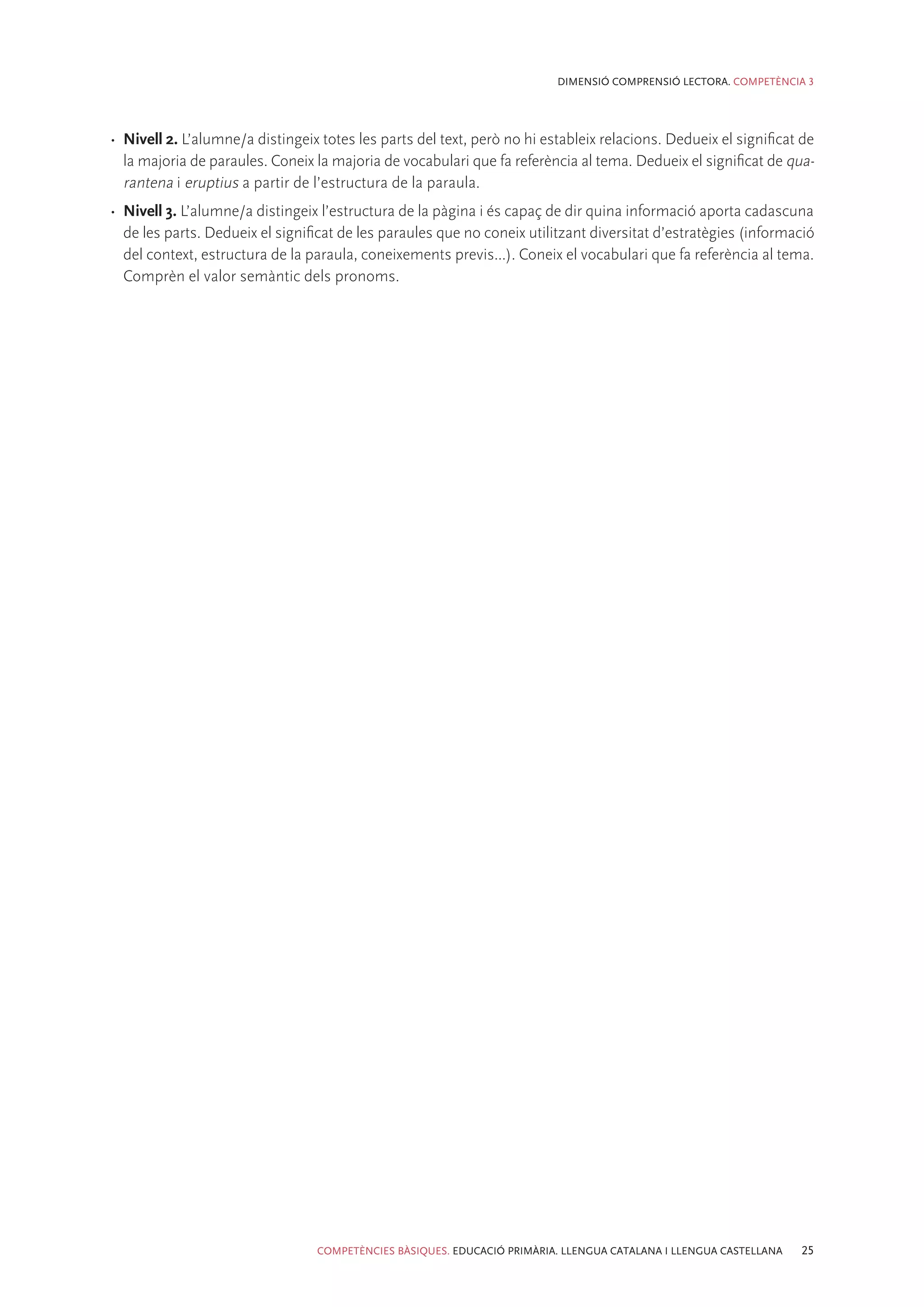 DIMENSIÓ COMPRENSIÓ LECTORA. COMPETÈNCIA 3




•	 Nivell 2. L’alumne/a distingeix totes les parts del text, però no hi estableix relacions. Dedueix el significat de
   la majoria de paraules. Coneix la majoria de vocabulari que fa referència al tema. Dedueix el significat de qua-
   rantena i eruptius a partir de l’estructura de la paraula.
•	 Nivell 3. L’alumne/a distingeix l’estructura de la pàgina i és capaç de dir quina informació aporta cadascuna
   de les parts. Dedueix el significat de les paraules que no coneix utilitzant diversitat d’estratègies (informació
   del context, estructura de la paraula, coneixements previs...). Coneix el vocabulari que fa referència al tema.
   Comprèn el valor semàntic dels pronoms.




                                  COMPETÈNCIES BÀSIQUES. EDUCACIÓ PRIMÀRIA. LLENGUA CATALANA I LLENGUA CASTELLANA   25
 
