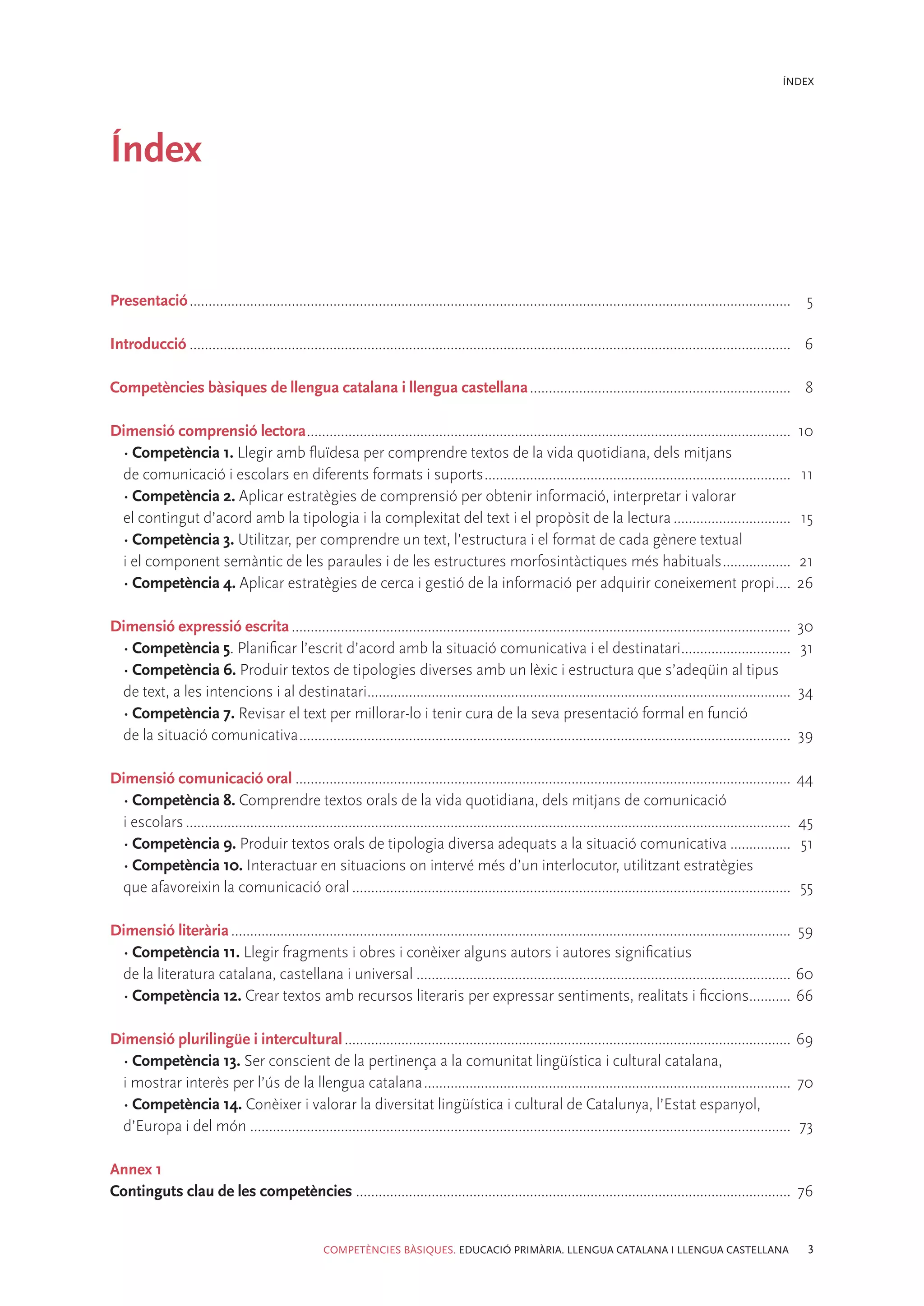 ÍNDEX




Índex


Presentació................................................................................................................................................................	 5

Introducció................................................................................................................................................................	 6

Competències bàsiques de llengua catalana i llengua castellana......................................................................	 8

Dimensió comprensió lectora.................................................................................................................................	 10
 • Competència 1. Llegir amb fluïdesa per comprendre textos de la vida quotidiana, dels mitjans
 de comunicació i escolars en diferents formats i suports..................................................................................	 11
 • Competència 2. Aplicar estratègies de comprensió per obtenir informació, interpretar i valorar
 el contingut d’acord amb la tipologia i la complexitat del text i el propòsit de la lectura................................	 15
 • Competència 3. Utilitzar, per comprendre un text, l’estructura i el format de cada gènere textual
 i el component semàntic de les paraules i de les estructures morfosintàctiques més habituals...................	 21
 • Competència 4. Aplicar estratègies de cerca i gestió de la informació per adquirir coneixement propi. ...	26                                         .

Dimensió expressió escrita.....................................................................................................................................	 30
 • Competència 5. Planificar l’escrit d’acord amb la situació comunicativa i el destinatari.............................	 31      .
 • Competència 6. Produir textos de tipologies diverses amb un lèxic i estructura que s’adeqüin al tipus
 de text, a les intencions i al destinatari................................................................................................................	 34
                                               .
 • Competència 7. Revisar el text per millorar-lo i tenir cura de la seva presentació formal en funció
 de la situació comunicativa...................................................................................................................................	 39

Dimensió comunicació oral....................................................................................................................................	44
 • Competència 8. Comprendre textos orals de la vida quotidiana, dels mitjans de comunicació
 i escolars.................................................................................................................................................................	 45
 • Competència 9. Produir textos orals de tipologia diversa adequats a la situació comunicativa.................	 51
 • Competència 10. Interactuar en situacions on intervé més d’un interlocutor, utilitzant estratègies
 que afavoreixin la comunicació oral.....................................................................................................................	 55

Dimensió literària.....................................................................................................................................................	 59
 • Competència 11. Llegir fragments i obres i conèixer alguns autors i autores significatius
 de la literatura catalana, castellana i universal....................................................................................................	60
 • Competència 12. Crear textos amb recursos literaris per expressar sentiments, realitats i ficcions...........	66                                         .

Dimensió plurilingüe i intercultural.......................................................................................................................	69
 • Competència 13. Ser conscient de la pertinença a la comunitat lingüística i cultural catalana,
 i mostrar interès per l’ús de la llengua catalana..................................................................................................	70
 • Competència 14. Conèixer i valorar la diversitat lingüística i cultural de Catalunya, l’Estat espanyol,
 d’Europa i del món................................................................................................................................................	 73

Annex 1
Continguts clau de les competències ...................................................................................................................	 76


                                                     COMPETÈNCIES BÀSIQUES. EDUCACIÓ PRIMÀRIA. LLENGUA CATALANA I LLENGUA CASTELLANA                                          3
 