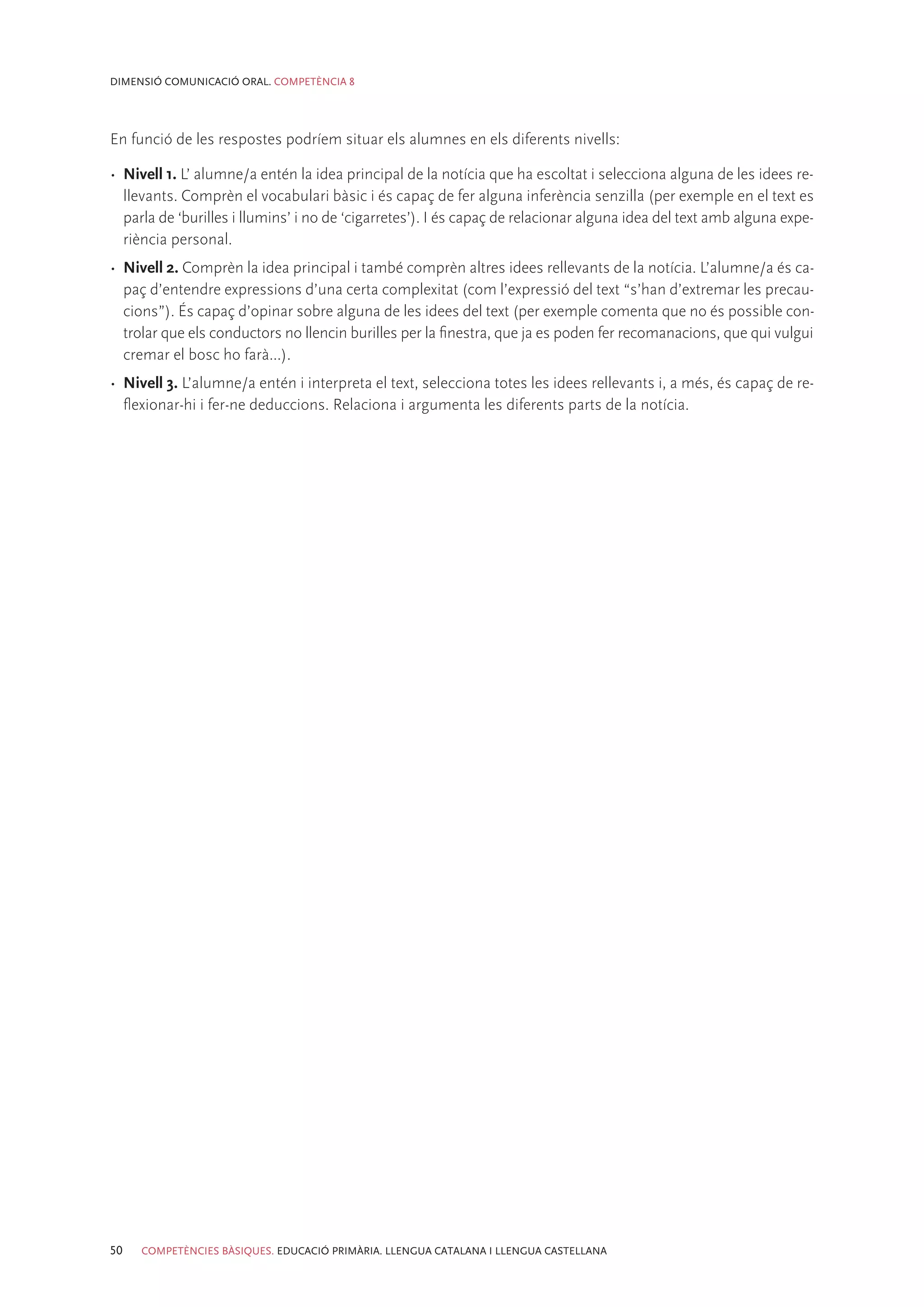 DIMENSIÓ COMUNICACIÓ ORAL. COMPETÈNCIA 8




En funció de les respostes podríem situar els alumnes en els diferents nivells:

•	 Nivell 1. L’ alumne/a entén la idea principal de la notícia que ha escoltat i selecciona alguna de les idees re-
   llevants. Comprèn el vocabulari bàsic i és capaç de fer alguna inferència senzilla (per exemple en el text es
   parla de ‘burilles i llumins’ i no de ‘cigarretes’). I és capaç de relacionar alguna idea del text amb alguna expe-
   riència personal.
•	 Nivell 2. Comprèn la idea principal i també comprèn altres idees rellevants de la notícia. L’alumne/a és ca-
   paç d’entendre expressions d’una certa complexitat (com l’expressió del text “s’han d’extremar les precau-
   cions”). És capaç d’opinar sobre alguna de les idees del text (per exemple comenta que no és possible con-
   trolar que els conductors no llencin burilles per la finestra, que ja es poden fer recomanacions, que qui vulgui
   cremar el bosc ho farà...).
•	 Nivell 3. L’alumne/a entén i interpreta el text, selecciona totes les idees rellevants i, a més, és capaç de re-
   flexionar-hi i fer-ne deduccions. Relaciona i argumenta les diferents parts de la notícia.




50   COMPETÈNCIES BÀSIQUES. EDUCACIÓ PRIMÀRIA. LLENGUA CATALANA I LLENGUA CASTELLANA
 