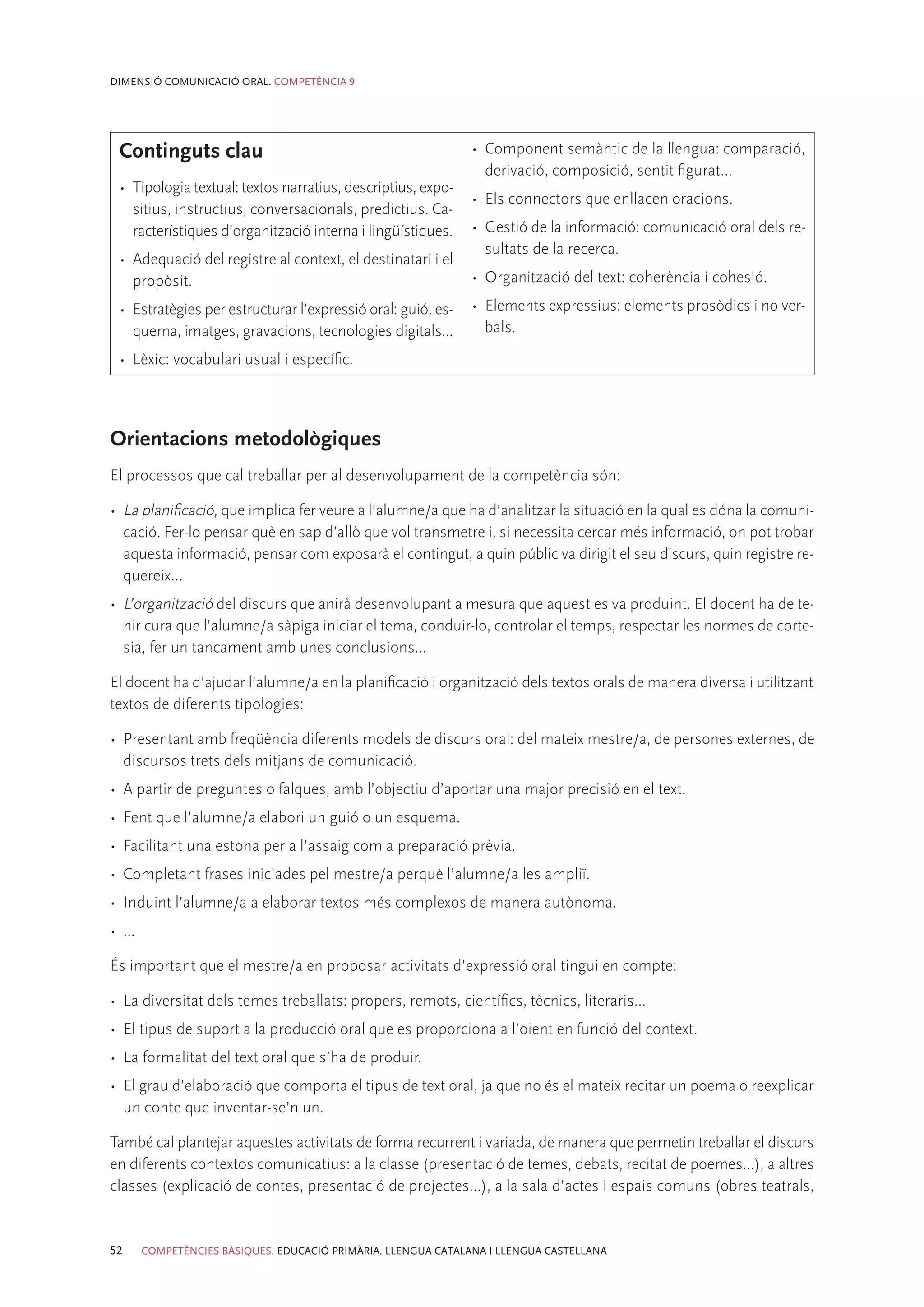 DIMENSIÓ COMUNICACIÓ ORAL. COMPETÈNCIA 9




  Continguts clau                                                •	 Component semàntic de la llengua: comparació,
                                                                    derivació, composició, sentit figurat...
  •	 Tipologia textual: textos narratius, descriptius, expo-
                                                                 •	 Els connectors que enllacen oracions.
     sitius, instructius, conversacionals, predictius. Ca-
     racterístiques d’organització interna i lingüístiques.      •	 Gestió de la informació: comunicació oral dels re-
                                                                    sultats de la recerca.
  •	 Adequació del registre al context, el destinatari i el
     propòsit.                                                   •	 Organització del text: coherència i cohesió.
  •	 Estratègies per estructurar l’expressió oral: guió, es-     •	 Elements expressius: elements prosòdics i no ver-
     quema, imatges, gravacions, tecnologies digitals...            bals.
  •	 Lèxic: vocabulari usual i específic.



Orientacions metodològiques
El processos que cal treballar per al desenvolupament de la competència són:

•	 La planificació, que implica fer veure a l’alumne/a que ha d’analitzar la situació en la qual es dóna la comuni-
   cació. Fer-lo pensar què en sap d’allò que vol transmetre i, si necessita cercar més informació, on pot trobar
   aquesta informació, pensar com exposarà el contingut, a quin públic va dirigit el seu discurs, quin registre re-
   quereix...
•	 L’organització del discurs que anirà desenvolupant a mesura que aquest es va produint. El docent ha de te-
   nir cura que l’alumne/a sàpiga iniciar el tema, conduir-lo, controlar el temps, respectar les normes de corte-
   sia, fer un tancament amb unes conclusions...

El docent ha d’ajudar l’alumne/a en la planificació i organització dels textos orals de manera diversa i utilitzant
textos de diferents tipologies:

•	 Presentant amb freqüència diferents models de discurs oral: del mateix mestre/a, de persones externes, de
   discursos trets dels mitjans de comunicació.
•	 A partir de preguntes o falques, amb l’objectiu d’aportar una major precisió en el text.
•	 Fent que l’alumne/a elabori un guió o un esquema.
•	 Facilitant una estona per a l’assaig com a preparació prèvia.
•	 Completant frases iniciades pel mestre/a perquè l’alumne/a les ampliï.
•	 Induint l’alumne/a a elaborar textos més complexos de manera autònoma.
•	 ...

És important que el mestre/a en proposar activitats d’expressió oral tingui en compte:

•	 La diversitat dels temes treballats: propers, remots, científics, tècnics, literaris...
•	 El tipus de suport a la producció oral que es proporciona a l’oient en funció del context.
•	 La formalitat del text oral que s’ha de produir.
•	 El grau d’elaboració que comporta el tipus de text oral, ja que no és el mateix recitar un poema o reexplicar
   un conte que inventar-se’n un.

També cal plantejar aquestes activitats de forma recurrent i variada, de manera que permetin treballar el discurs
en diferents contextos comunicatius: a la classe (presentació de temes, debats, recitat de poemes...), a altres
classes (explicació de contes, presentació de projectes...), a la sala d’actes i espais comuns (obres teatrals,


52       COMPETÈNCIES BÀSIQUES. EDUCACIÓ PRIMÀRIA. LLENGUA CATALANA I LLENGUA CASTELLANA
 