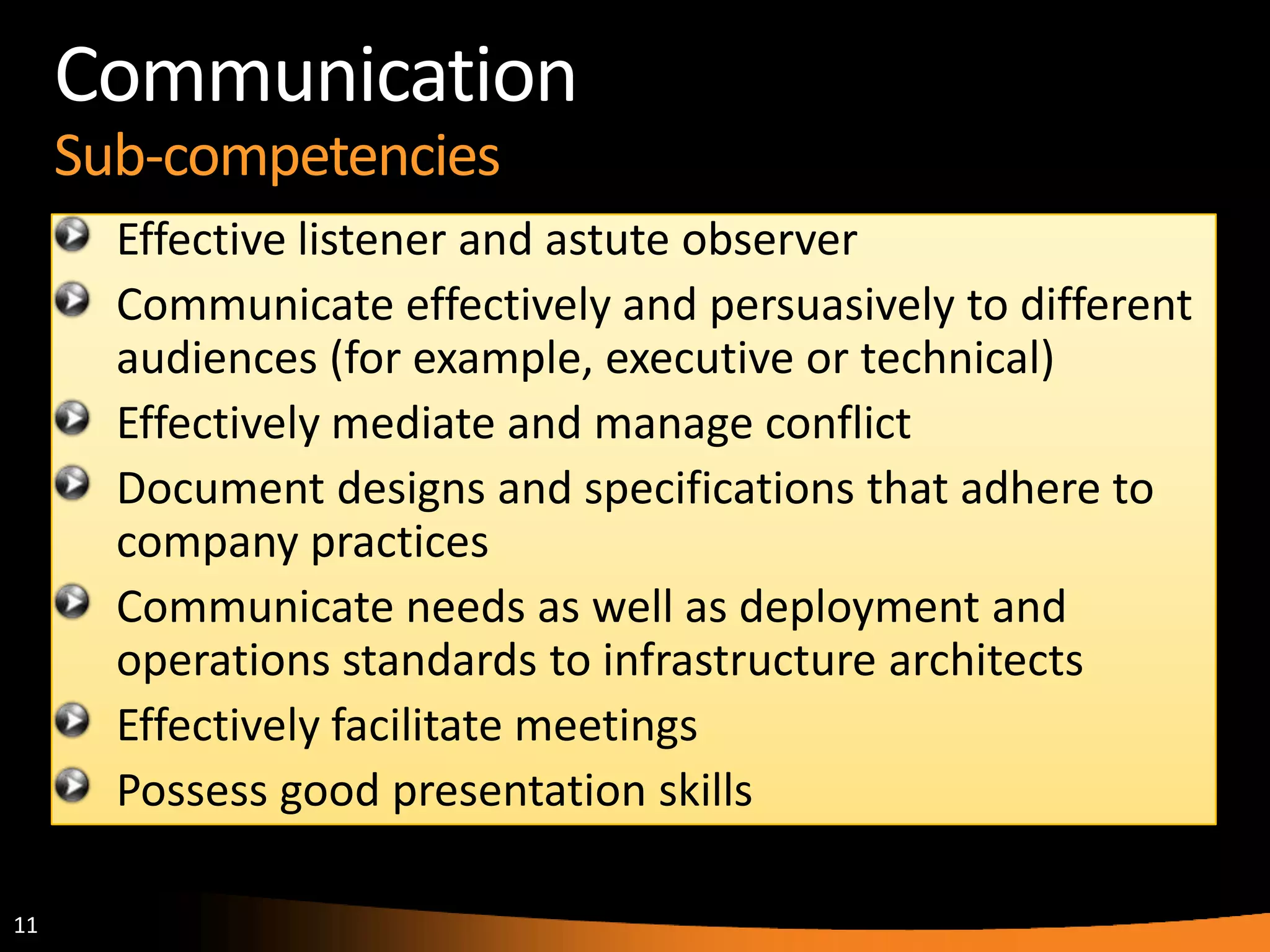11
Communication
Sub-competencies
Effective listener and astute observer
Communicate effectively and persuasively to different
audiences (for example, executive or technical)
Effectively mediate and manage conflict
Document designs and specifications that adhere to
company practices
Communicate needs as well as deployment and
operations standards to infrastructure architects
Effectively facilitate meetings
Possess good presentation skills
 