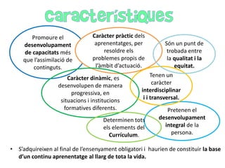 Promoure el
desenvolupament
de capacitats més
que l’assimilació de
continguts.

Caràcter pràctic dels
aprenentatges, per
resoldre els
problemes propis de
l’àmbit d’actuació.

Caràcter dinàmic, es
desenvolupen de manera
progressiva, en
situacions i institucions
formatives diferents.

Són un punt de
trobada entre
la qualitat i la
equitat.

Tenen un
caràcter
interdisciplinar
i i transversal.

Determinen tots
els elements del
Currículum.

Pretenen el
desenvolupament
integral de la
persona.

• S’adquireixen al final de l’ensenyament obligatori i haurien de constituir la base
d’un continu aprenentatge al llarg de tota la vida.

 