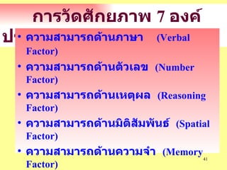 การวัดศักยภาพ  7  องค์ประกอบ ความสามารถด้านภาษา  ( Verbal Factor)   ความสามารถด้านตัวเลข  ( Number Factor) ความสามารถด้านเหตุผล  ( Reasoning Factor) ความสามารถด้านมิติสัมพันธ์   ( Spatial Factor) ความสามารถด้านความจำ  ( Memory Factor) ความสามารถด้านการเรียนรู้  ( Perceptual Factor) ความสามารถด้านความคล่องแคล่วในการใช้คำ   ( Word   Fluency Factor) 