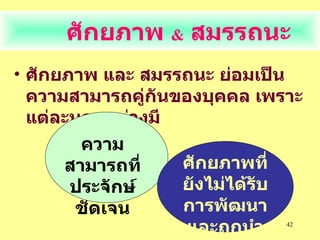 ศักยภาพ  &   สมรรถนะ ศักยภาพ และ สมรรถนะ ย่อมเป็นความสามารถคู่กันของบุคคล เพราะ แต่ละบุคคลต่างมี ความสามารถที่ประจักษ์ชัดเจน ศักยภาพที่ยังไม่ได้รับการพัฒนาและถูกนำมาใช้ 