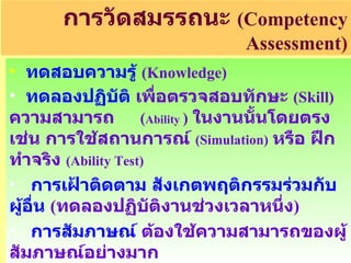 การวัดสมรรถนะ  ( Competency Assessment ) ทดสอบความรู้   ( Knowledge) ทดลองปฏิบัติ   เพื่อตรวจสอบทักษะ  ( Skill)   ความสามารถ  ( Ability  )   ในงานนั้นโดยตรง เช่น การใช้สถานการณ์  ( Simulation)   หรือ ฝึกทำจริง  ( Ability Test) การเฝ้าติดตาม สังเกตพฤติกรรมร่วมกับผู้อื่น   ( ทดลองปฏิบัติงานช่วงเวลาหนึ่ง ) การสัมภาษณ์   ต้องใช้ความสามารถของผู้สัมภาษณ์อย่างมาก 