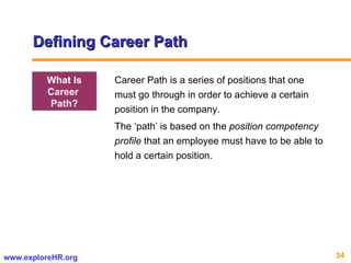 Defining Career Path Career Path is a series of positions that one must go through in order to achieve a certain position in the company.  The ‘path’ is based on the  position competency profile  that an employee must have to be able to hold a certain position.  What Is Career  Path? 