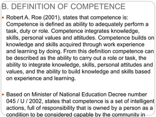 B. DEFINITION OF COMPETENCE
 Robert A. Roe (2001), states that competence is:
Competence is defined as ability to adequately perform a
task, duty or role. Competence integrates knowledge,
skills, personal values ​​and attitudes. Competence builds on
knowledge and skills acquired through work experience
and learning by doing. From this definition competence can
be described as the ability to carry out a role or task, the
ability to integrate knowledge, skills, personal attitudes and
values, and the ability to build knowledge and skills based
on experience and learning.
 Based on Minister of National Education Decree number
045 / U / 2002, states that competence is a set of intelligent
actions, full of responsibility that is owned by a person as a
condition to be considered capable by the community in
 