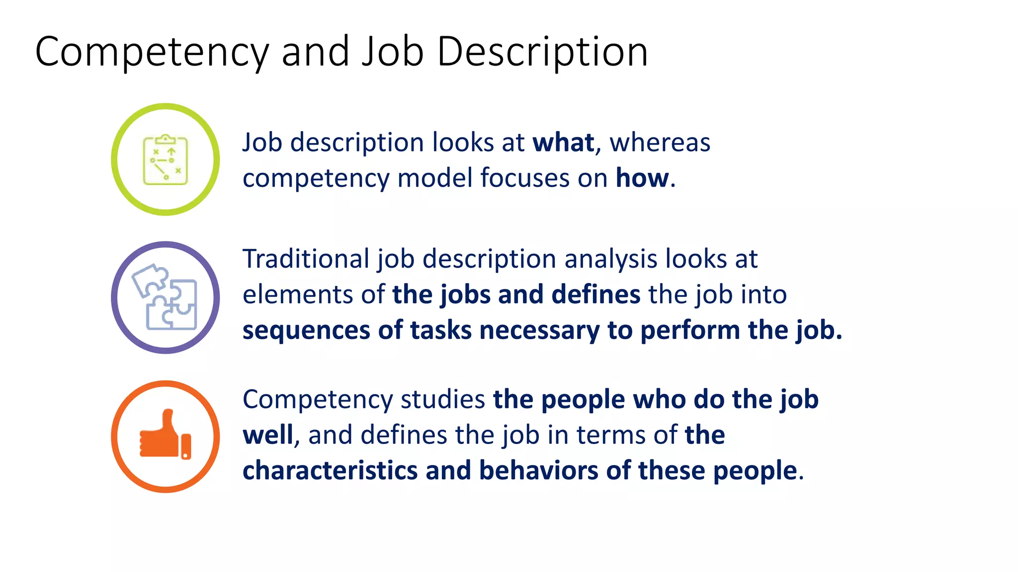 Competency and Job Description
Job description looks at what, whereas
competency model focuses on how.
Traditional job description analysis looks at
elements of the jobs and defines the job into
sequences of tasks necessary to perform the job.
Competency studies the people who do the job
well, and defines the job in terms of the
characteristics and behaviors of these people.
 