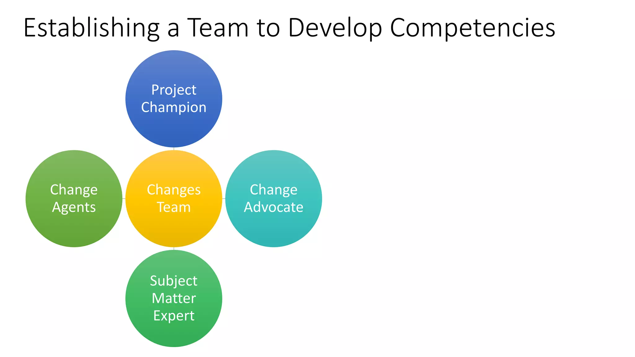 Establishing a Team to Develop Competencies
Changes
Team
Project
Champion
Change
Advocate
Subject
Matter
Expert
Change
Agents
 