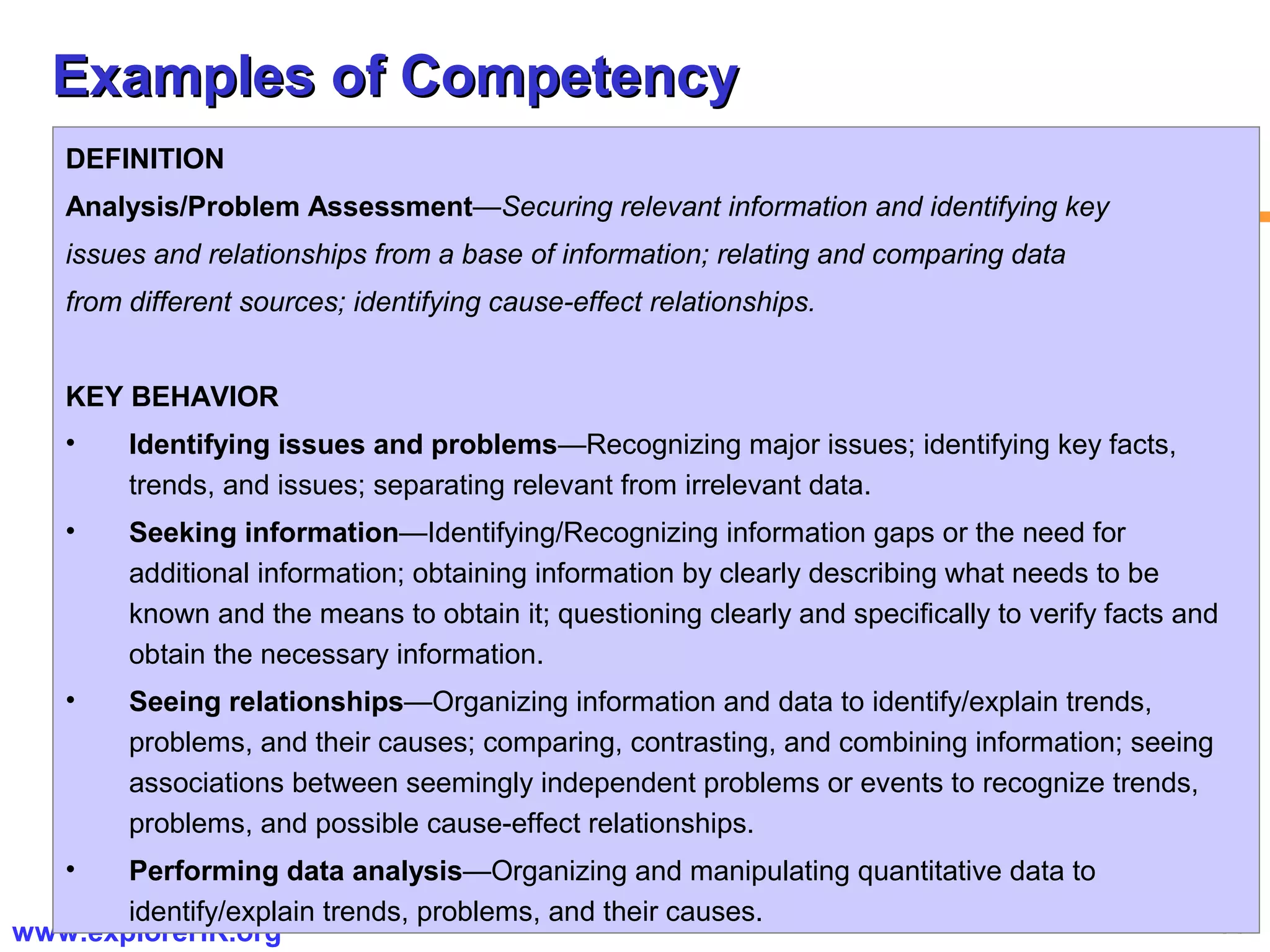 11www.exploreHR.org
Examples of CompetencyExamples of Competency
DEFINITION
Analysis/Problem Assessment—Securing relevant information and identifying key
issues and relationships from a base of information; relating and comparing data
from different sources; identifying cause-effect relationships.
KEY BEHAVIOR
• Identifying issues and problems—Recognizing major issues; identifying key facts,
trends, and issues; separating relevant from irrelevant data.
• Seeking information—Identifying/Recognizing information gaps or the need for
additional information; obtaining information by clearly describing what needs to be
known and the means to obtain it; questioning clearly and specifically to verify facts and
obtain the necessary information.
• Seeing relationships—Organizing information and data to identify/explain trends,
problems, and their causes; comparing, contrasting, and combining information; seeing
associations between seemingly independent problems or events to recognize trends,
problems, and possible cause-effect relationships.
• Performing data analysis—Organizing and manipulating quantitative data to
identify/explain trends, problems, and their causes.
 