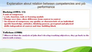 Explanation about relation between competencies and job
performance
Docking (1994: 11)
A unit of competency
• a role, function, task or learning module
• Change over time, show difference from context to context
• An element of competency any quality or characteristic of an individual
specific knowledge, attitudes, thinking process, perceptual and physical
skills independent of context and time building block
Tollefson (1986)
• Observed that the analysis of jobs don’t develop teaching objectives, they go back to the
nineteenth century.
 